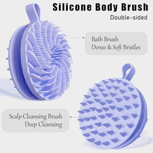 Douji Double-Sided Silicone Body Scrubber Shower Bath Brush, Handheld Cleansing Skin Brush for Sensitive Kids Women Men All Kinds of Skin（Purple） - size: Purple