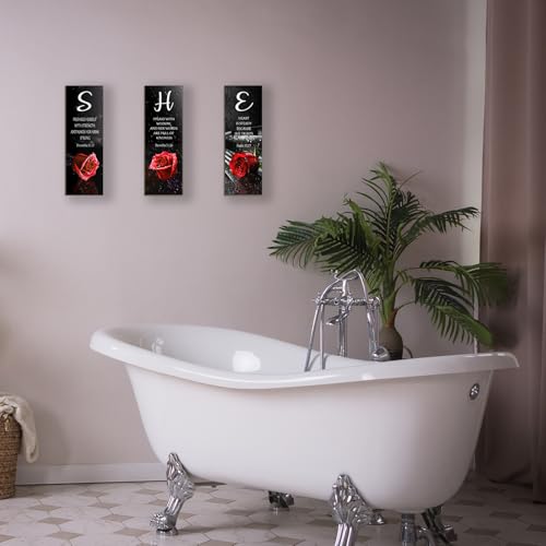 3 Pieces Red Bedroom Decor Red Rose Women Bedroom Wooden Red Bathroom Inspirational Office Decor With SHE Religious Words Signs For Women Kitchen Home(Red Rose 12x4Inch) - color: Red