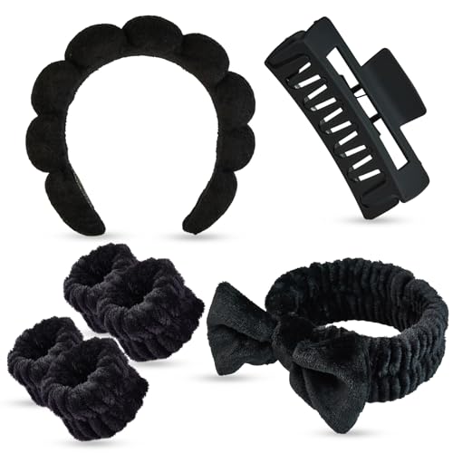 7 Pcs Spa Set, Facial Headband and Wristband Set, Skincare Accessories, College Style Girl Idea Gifts, Hair Accessories for Women and Girls (Black) - color: Black