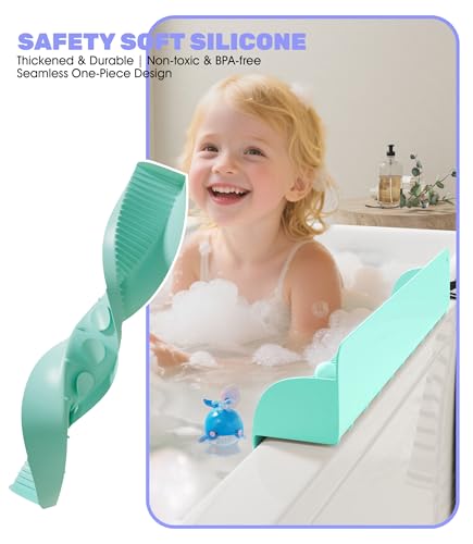 Splash Guard for Bathtub, Silicone Bathtub Topper & Bath Storage Tray, Longer and Higher Water Splash Guard, Bathroom Accessories for Family (Green)