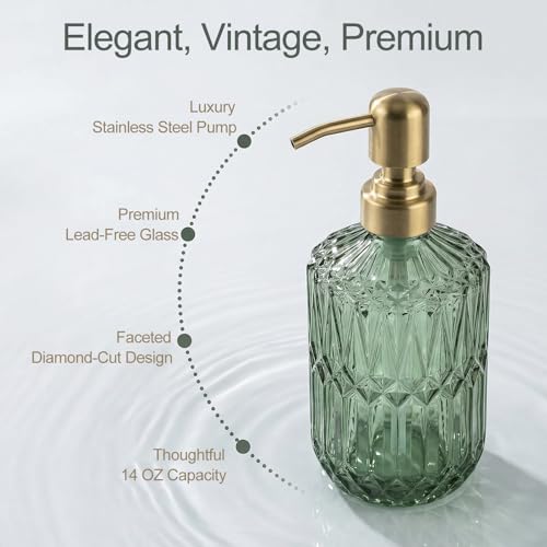 2-Pack Green Hand Soap Dispenser with Gold Stainless Steel Pump, Refillable Glass Soap Dispenser for Bathroom, Vintage Kitchen Soap Dispenser for Liquid Hand Soap, Lotion, Body Wash (14 OZ) - color: Green With Gold Pump