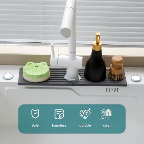 Stone Faucet Mat for Kitchen Sink, Diatomite Drying Stone Mat Sink Protector, Sink Splash Guard Fit Kitchen Bathroom Counter 15.7 Inch Dark Grey Kitchen Decor Home Accessories