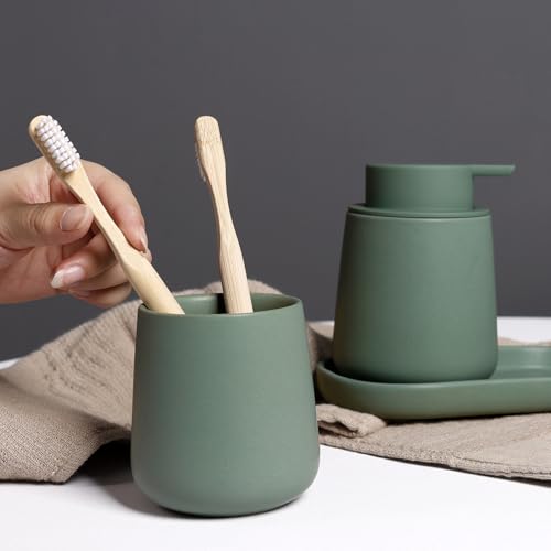 INGOFIN 3 Pcs Ceramic Bathroom Accessory Set - Liquid Soap Dispenser, Toothbrush Holder & Tray, Bathroom Counter Set, Countertop Essentials for Home, Guest Bathroom, or Office Use, Matte Green - style: Liquid-Matte Green