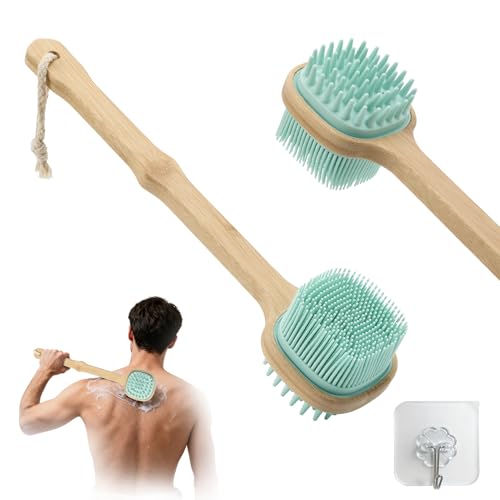 Silicone Back Scrubber for Shower, Silicone Bath Body Brush Loofah with Long Handle, Dual-Sided Shower Brush for Body, Lake Blue Exfoliating Body Scrubber for Men Women, Back Washer for Men with Hook - size: lake blue-1pcs