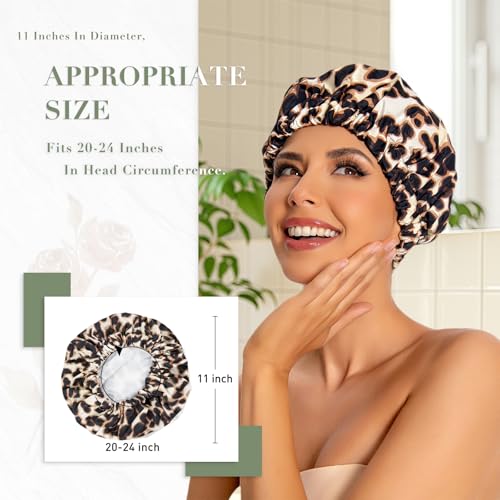 Edoneery Reusable Shower Caps for Women, Waterproof Long Hair Bonnet | Washable Design, Wide Elastic Band, Large Fit, Holds Long Hair, Braids Friendly, Bath Accessories, Spa, Travel - color: Brown Leopard