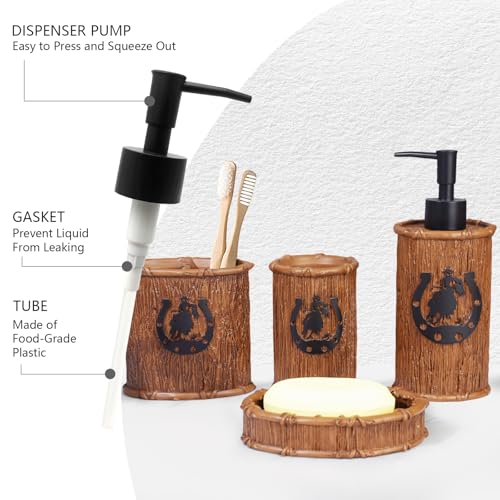 Bathroom Accessory Sets 4PCS Bathroom Accessories Set Complete Western Rustic Horseshoes Decoration Includes Lotion Dispenser Toothbrush Holder Tumbler Cup & Soal Dish - color: Brown, size: Soap Dish