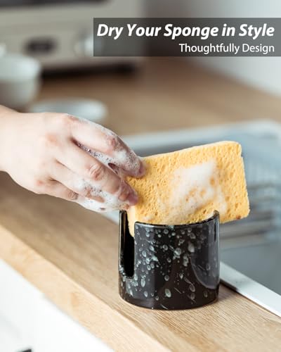 Zoeeker Sponge Holder for Kitchen, Ceramic Sink Caddy Scrub Sponge Rack Dish Rack Scrubbers Holder for Kitchen Sink, Bathroom, Black - color: Black, size: Cylindrical