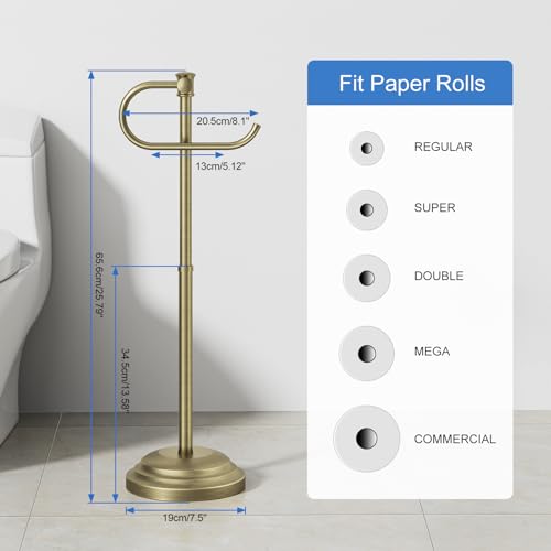 RUMOSE Toilet Paper Holder Stand for Floor, Antique Brass Bathroom Free Standing Toilet Tissue Roll Holder with Storage, Adjustable 17-25 Inch, SUS304 Stainless Steel - color: Antique Brass
