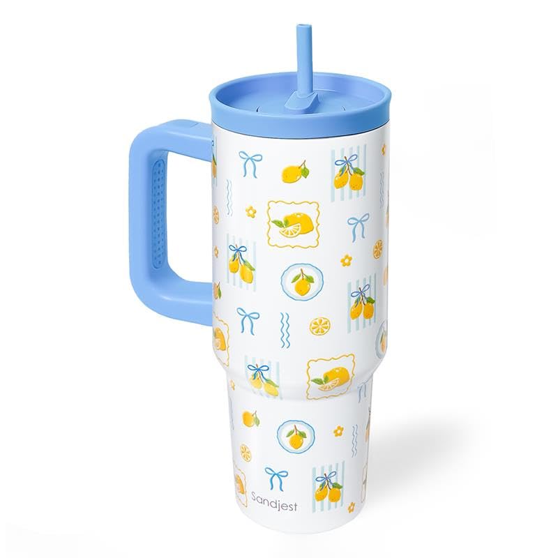 SANDJEST Lemon Stainless Steel Locking Lid Silicone Straw Tumbler with Handle 40oz, Insulated Stainless Steel Travel Cup for Women Girls Friends, Gift Idea for Birthday Summer Vacation - color: Lemon