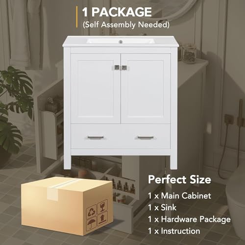 Linique 30" Modern Bathroom Vanity with Sink Combo Set, Solid Wood Frame Bathroom Storage Cabinet with 2 Soft Closing Doors and a Drawer, Multifunctional Storage, White - color: White