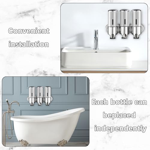 No-Drill 3 Pack 500ml Wall Mounted soap Dispenser for Bathroom and Kitchen, Shampoo and Conditioner Dispenser Drill Free with Adhesive(Round-Silve) - color: Silver-1