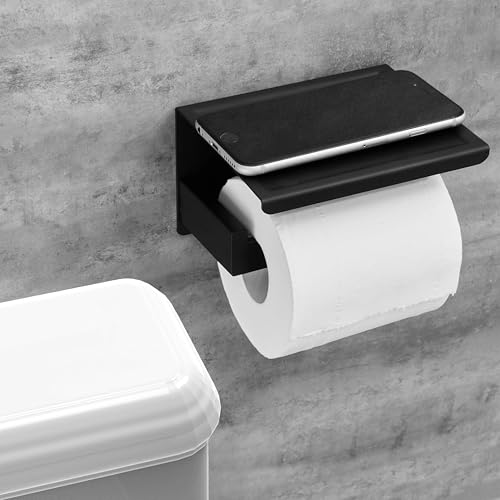 HITSLAM Toilet Paper Holder with Shelf, Stick on Matte Black Toilet Paper Roll Holder, Self Adhesive or Wall-Mount with Screws for Bathroom,Washroom - color: Black, size: Medium