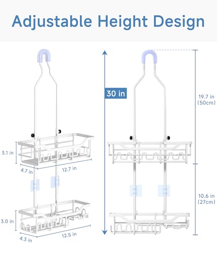 Upgraded Extended Length Shower Organizer with Hooks, Rustproof Shampoo Soap Holder, Large Hanging Bathroom Caddy, White - color: White - 2 Tier - Standard