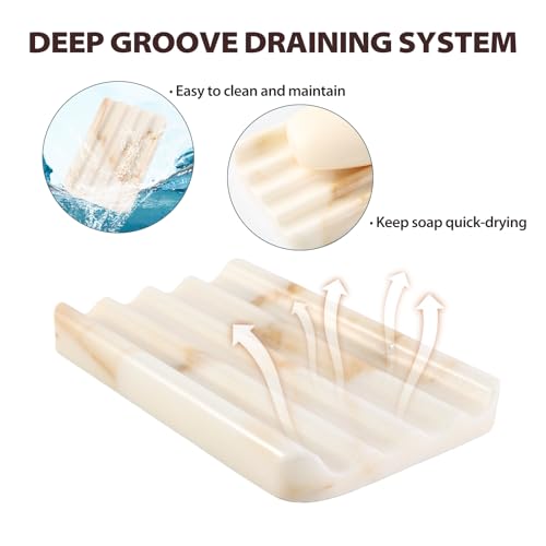 Koville 2PCS Natural Marble Soap Dishes for Shower, Golden Calacatta Marble Soap Dish, Stone Soap Tray for Bathroom, Bar Soap Holder for Sink, Stripe Grooves Saver Keep Bars Dry Easy Clean - color: Golden Calacatta