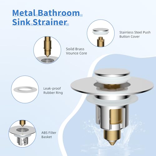 iFealClear Metal Universal Bathroom Sink Stopper, Upgraded Stainless Steel Sink Drain Strainer for 1.1''~2.36" Basin Pop Up Drain Strainer, Anti-Clogging Filter Basket, Polished Chrome - color: Chrome