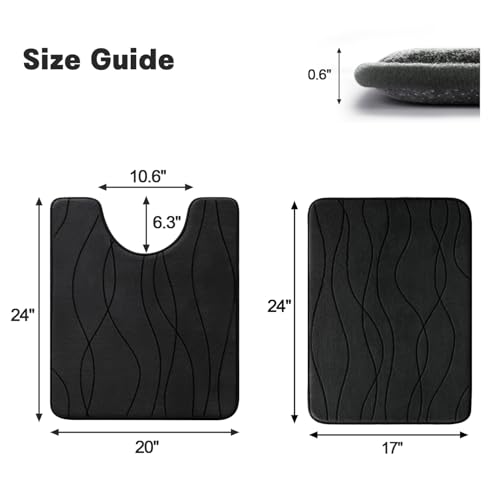 YIHOUSE Bathroom Rugs Set 2 Piece, Memory Foam Bath Mat Black | U Shaped+Small Mat, Ultra Soft, Absorbent, Non-Slip, Machine Washable, for Bathroom, Sink and Toilet - color: Black, size: 2' x 1'5" (Rectangular)