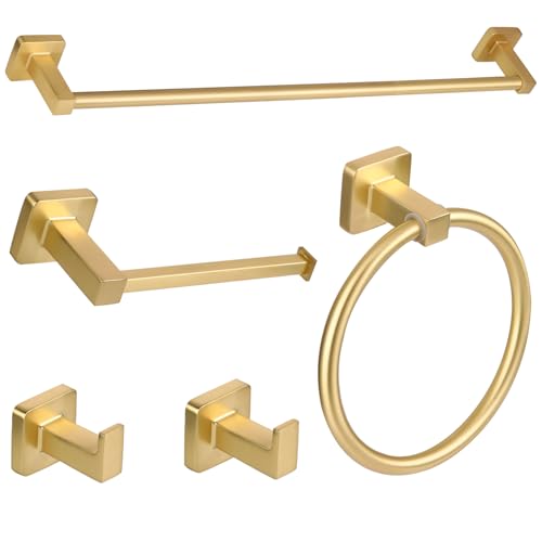 5 Pieces Brushed Gold Bathroom Hardware Accessories Set,Stainless Steel 23.6" Hand Towel Bar Set Gold, Toilet Paper Holder, Towel Holder Set,Towel Rack Set for Bathroom - color: Brushed Gold