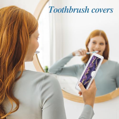 Toothbrush Travel Case - Colorful Pattern, Holder and Covers for Toothbrushes, Includes Tongue Scraper Case - color: Purple Marble, size: Large