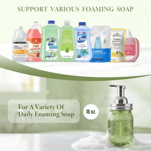 Amolliar Plastic Mason Jar Foaming Soap Dispenser Pump Lid, 16oz Foam Soap Dispenser with Cute Lables - Green Refillable Hand Soap Dispenser for Bathroom Kitchen Shower (2 Pack, Silver) - color: Silver