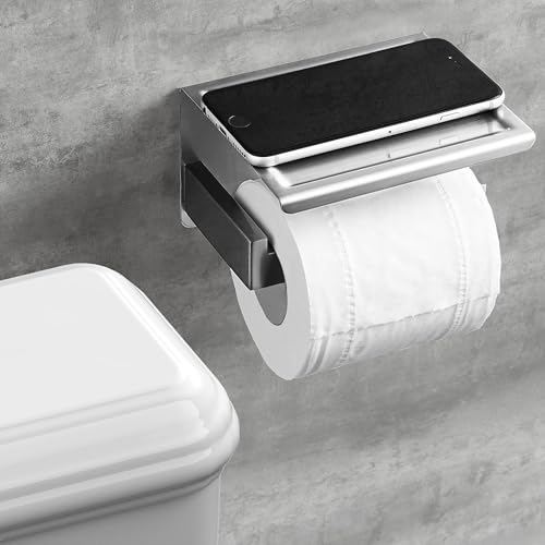 HITSLAM Brushed Nickel Silver Toilet Paper Holder, Stick on Silver Toilet Paper Holder with Shelf, Self Adhesive No Drill or Wall-Mount with Screws for Bathroom - color: Brushed Nickel, size: Medium