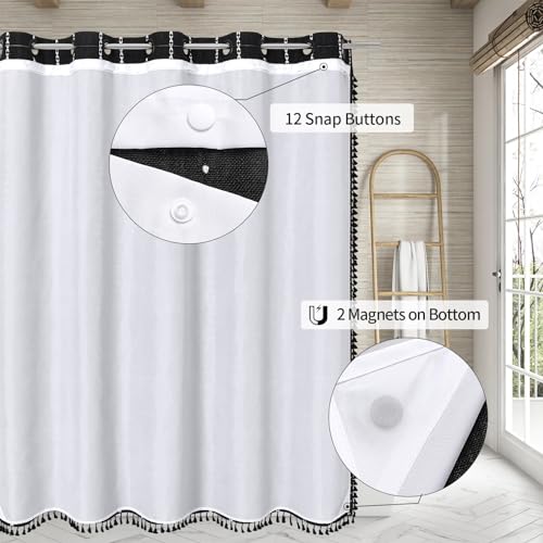 MitoVilla No Hooks Required Boho Farmhouse Shower Curtain with Snap-in Liner, Cotton Linen Fabric Shower Curtains with Tassels for Rustic Neutral Bathroom Decor, Black and White, 72 x 74 - color: Black