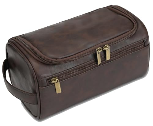 Toiletry Bag for Men, Travel Shaving Dopp Kit Water-resistant Bathroom Toiletries Organizer PU Leather Cosmetic Bags - color: coffee