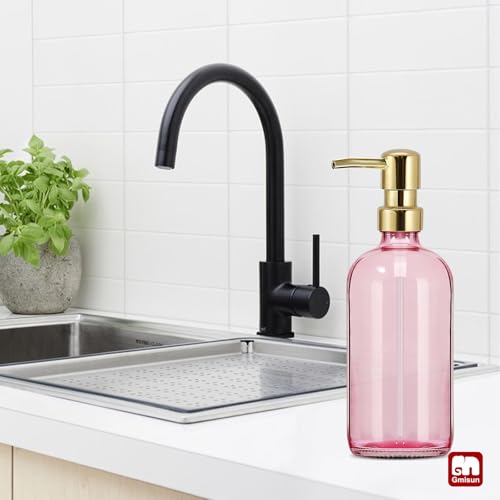 GMISUN Pink Soap Dispenser Bathroom, 1 Pack Glass Dish Soap Dispensers for Kitchen with Rustproof Plastic Gold Pump, 17 Fl Oz Bathroom Hand Soap Dispenser, Modern Liquid Dishwashing Dispensers Bottle - color: Pink Bottle + Golden Pump, size: 1 Pack
