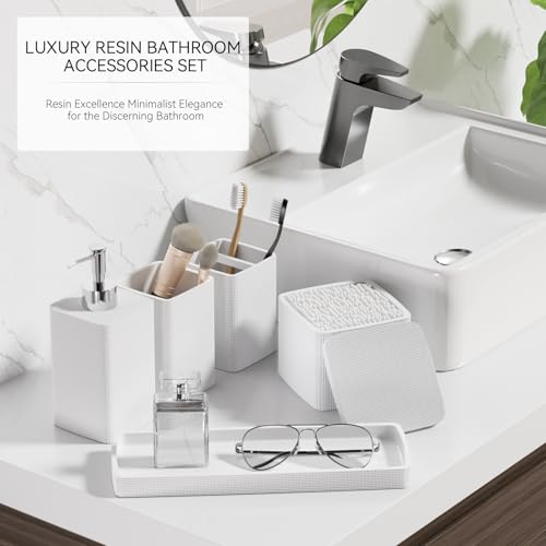 White Bathroom Accessories Set 5 Pieces, Resin Toothbrush Holders Set Complete with Soap Dispenser, Toothbrush Holder, Vanity Tray, Bathroom Tumbler and Qtip Holder for Small Spaces - size: 5 Pcs Bathroom Set, style: White