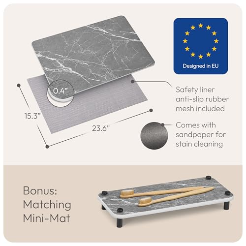 Stone Bath Mat Quick-Dry Absorbing Diatomaceous Earth Bath Mat | 2 Stone Mats - Large & Small Mat for Bathroom | Anti-Slip Diatomaceous Bathmat 100% Natural Bathroom Rug Stones (Gray Marble) - color: Gray Marble