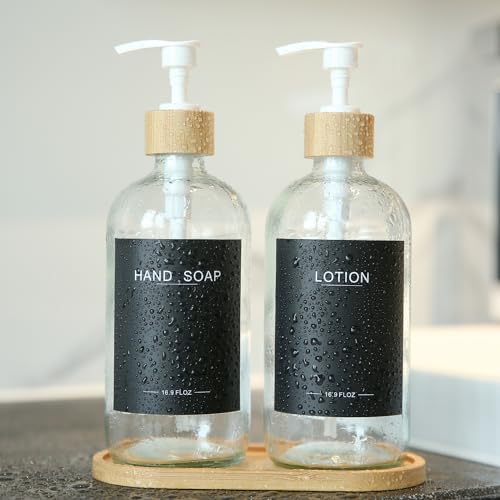 Clear Glass Soap Dispenser with Bamboo Pumps&Tray&Labels, Hand Dispenser, Lotion Dispenser, Dish Soap Dispenser for Kitchen Sink. (Clear) - color: Clear