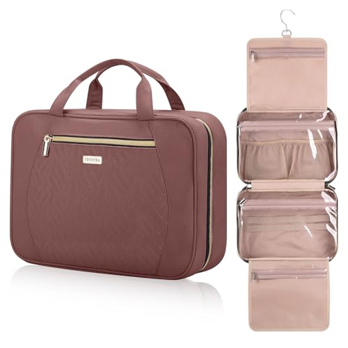 Hanging Toiletry Bag for Women Travel, 2 Sizes Large & Small Waterproof Cosmetic Organizer with 4 Compartments, Rotating Hook, Foldable Pink Travel Bag for Toiletries & Makeup Red Sandalwood - color: Rosewood, size: Medium
