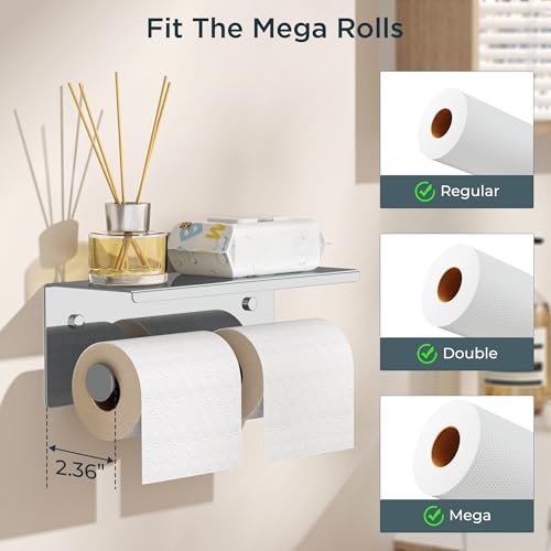FORIOUS Double Toilet Paper Holder with Shelf, Wall Mount Tissue Roll Holder for Bathroom, 304 Stainless Steel Commercial Toilet Tissue Dispensers with Phone Shelf (1, Chrome) - color: Chrome