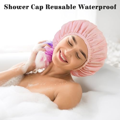 Shower Cap for Women, Shower Caps Reusable Waterproof, Large Plastic Satin Lined Shower Cap for Braids Long Hair - color: Pink grid