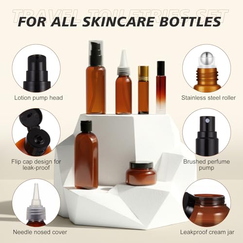 21 Pcs Amber Plastic Travel Toiletry Bottles Set, TSA Approved Travel Containers, Leak Proof Containers with Refillable Squeeze Bottle, Roller Balls, Pump sprayer, Perfume Atomizer, Labels & Funnel