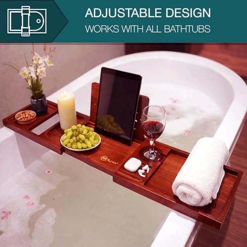 Bathtub Tray & Bath Tray for Tub – Expandable Bamboo Bath tub Tray, Bathtub Caddy, Adjustable Foldable Waterproof Bath Trays for tub with Phone, Wine Glass, Book & Tab Holder (Free Soap Dish)