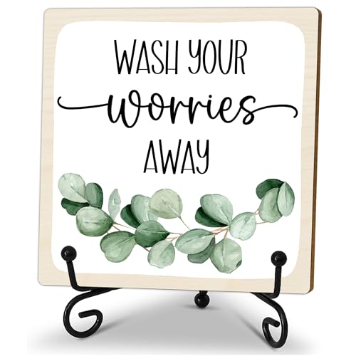 5" Funny Wooden Sign, Wash Your Worries Away Sign, Funny Bathroom Laundry Room Desk Decor, Restroom Guest Bathroom Decoration, Funny Toilet Washroom Plaque Sign Decor 5X5 Inches（White）-A05 - color: off white