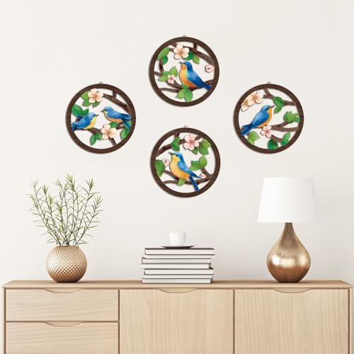 HPNIUB Bird on Birch Tree Branch Wall Decor, Modern Green Leaves Little Birds Laser Cut Artwork, 4 Pieces 10''x10'' Rustic Farmhouse Nature Animals Wall Hanging Plaque for Living Room Bedroom - color: Bird on tree branch