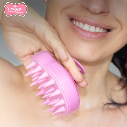 Vintage Cosmetic Company Shampoo Brush Silicone Scalp Massager Pink | Silicone Scalp Massager for Gentle Exfoliation and Even Shampoo Distribution. Stimulates Scalp. Vintage Pink Design.