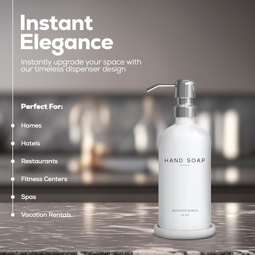 White Glass Hand Soap Dispenser Bathroom Set by Brighter Barns - Bathroom Soap Dispenser Set with Ceramic Tray - Refillable Glass Bottle Pump - Modern Home Decor for Airbnb, Hotel, Restaurants (White) - color: Silver H