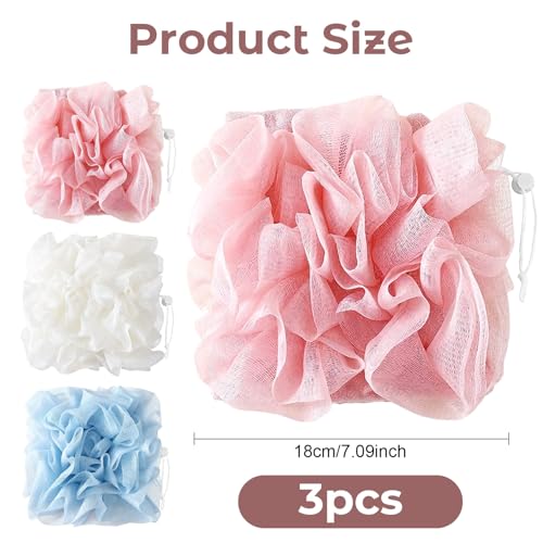2 in 1 Loofah Sponges 3-Pack Dual-Sided Exfoliating Bath Sponges for Shower & Loofah Washcloth for Bar Soap Premium Body Scrubber with Drawstring for Gentle Skin Smoothing - Blue＆Pink＆Beige - style: Blue＆Pink＆Beige