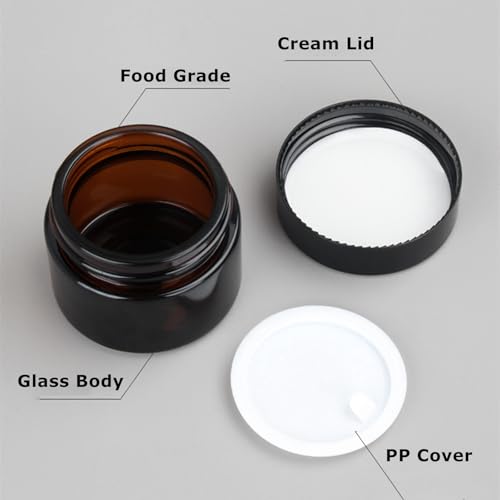 36 Pack 2oz Amber Glass Jars, Round Cosmetic Jars with with Black Lids and Inner Liners, Reusable Glass Containers for Homemade Creams, Candle, Skincare, Lotion, Travel