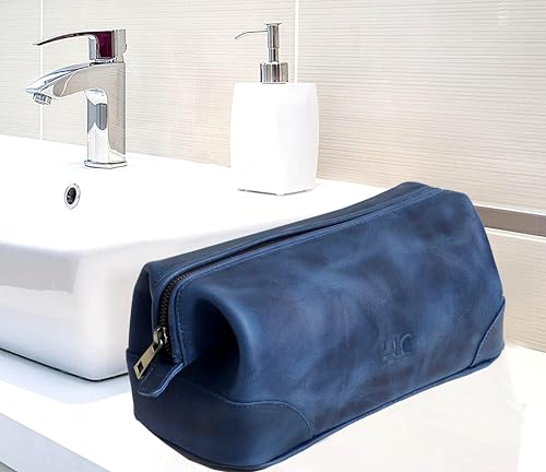 HLC Leather Toiletry Bag for Men - Best Gift for Men - Premium Genuine Leather Dopp Kit Shaving Kit Organizer Travel Kit Pouch Bag for Men - Large Size (blue) - color: blue