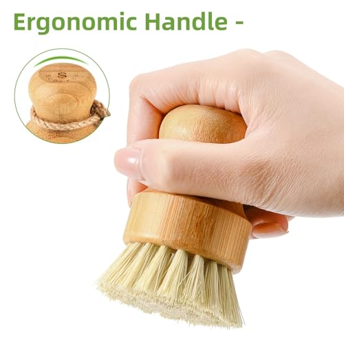 SUBEKYU Bamboo Dish Scrub Brushes, Kitchen Wooden Cleaning Scrubbers Set for Washing Cast Iron Pans/Pots, Set of 2 - color: Ceramics Base+1p Sisal+1p Palm, size: Regular size