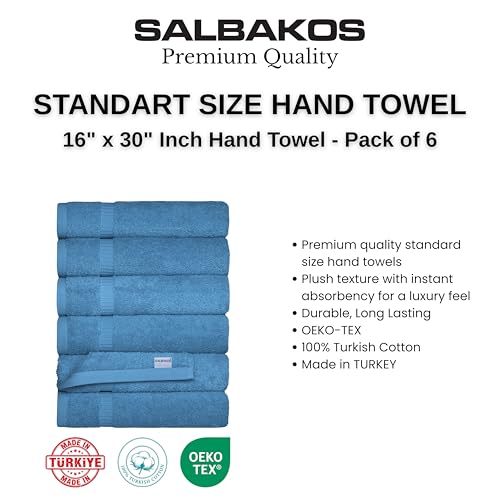 SALBAKOS 100% Turkish Cotton Hand Towels Set 6-Piece Blue 16x30 in | Luxury Premium Quality Thick Super Absorbent Turkish Hand Towel for Bathroom & Kitchen | Made in Turkey (Blue, 6 Hand Towels) - color: Blue, size: 6 Hand Towels