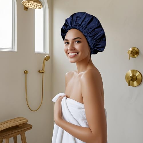 Edoneery Reusable Shower Caps for Women, Waterproof Long Hair Bonnet | Washable Design, Wide Elastic Band, Large Fit, Holds Long Hair, Braids Friendly, Bath Accessories, Spa, Travel - color: Black&Navy