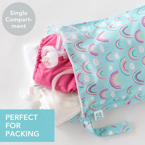 Bumkins Waterproof Wet Bag for Baby, Travel, Swim Suit, Cloth Diapers, Pump Parts, Pool, Beach, Gym Clothes, Toiletry, Hook to Stroller, Daycare, Zipper Reusable Wetdry Packing Pouch, Rainbows Blue - color: H3 Rainbows, style: Wet Bag