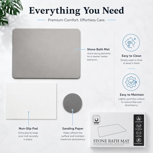 Stone Bath Mat Quick Dry, Diatomaceous Earth Bath Mat Non Slip Absorbent Floor Mat, Diatomite Stone Drying Mat for Bathroom Comes with Non-Slip Pad and Sandpaper (White, 24" x 15.5" x 0.4") - color: White