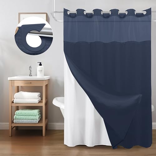 Inhousolu No Hook Shower Curtain with Snap-in Fabric Liner, Waffle Weave 230 GSM Polyester, Weighted Hem, Water Repellent Washable, Mesh Top Window 72" W x 72" L Navy Blue - color: Navy Blue, size: 72"W x 72"L (Pack of 1)