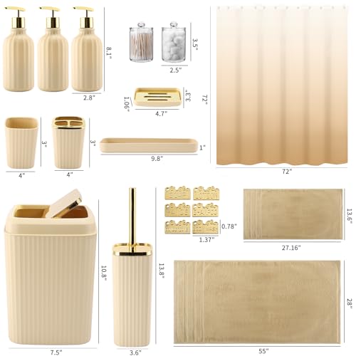 32PCS Bathroom Accessories Set Bathroom Set,Beige Shower Curtain Set,Bath Towel Set,Hand Towel,Toilet Brush,Trash Can & 3PCS Soap Dispenser - size: Bath Set+Shower Curtain+Towel Set, style: Beige