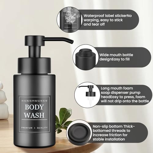 6 Pack 10 OZ Glass Foaming Soap Dispenser for Bathroom & Kitchen Foaming Hand Soap Dispenser with Labels Dispenser for Liquid Soap,Shampoo,Body Wash,Dish Soap,Black